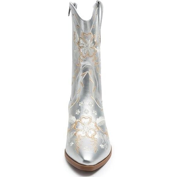 🆕 Cowboy Boots Woman Silver Chunky Heel Leather Embroidered Western Booties - Picture 4 of 6
